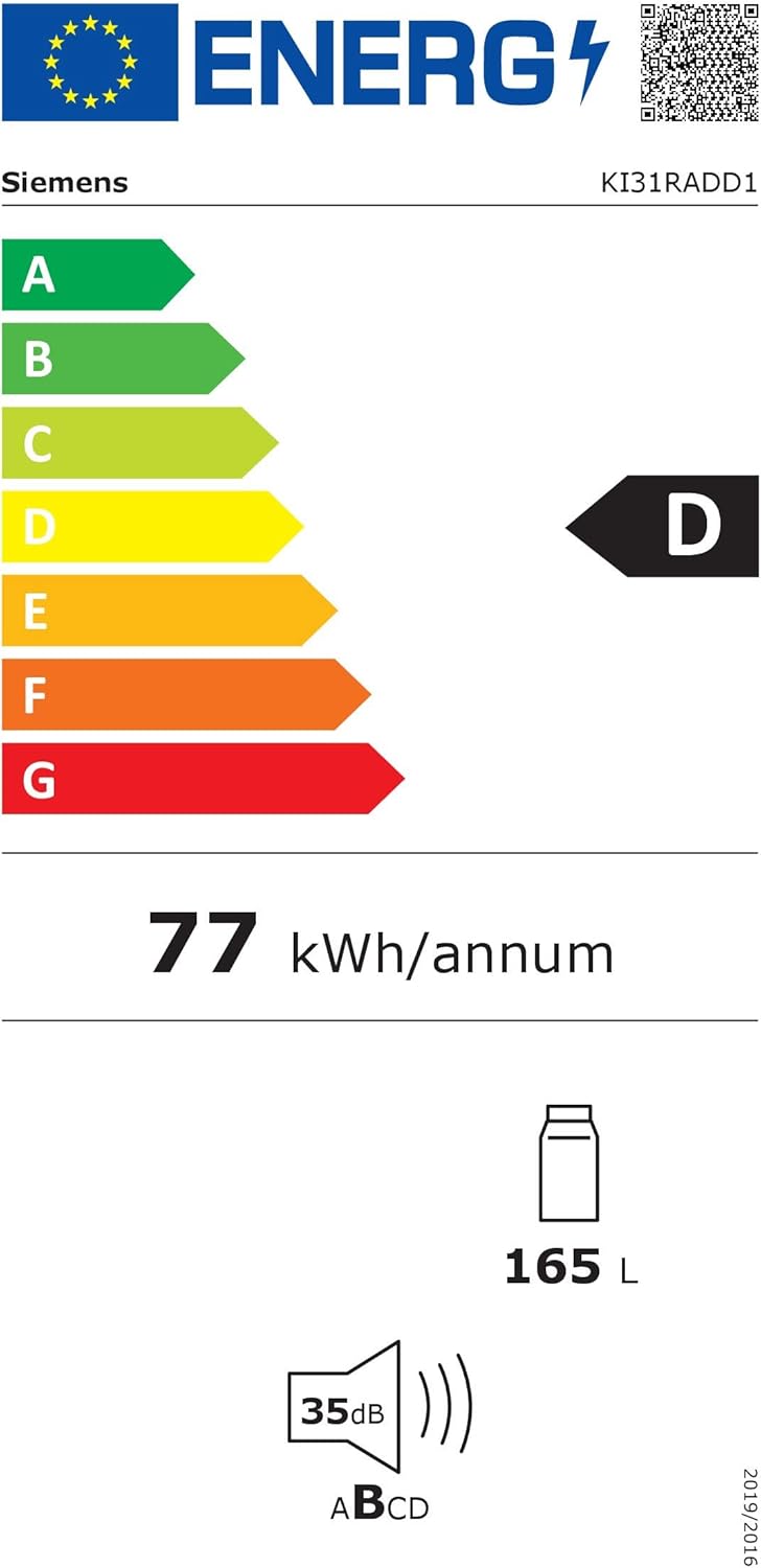 Siemens KI31RADD1 iQ500 - Réfrigérateur encastrable - 102,5 x 56 cm - 165 l - Fabriqué en Allemagne - Très silencieux, hyperFresh Box - Fra?cheur plus longue - éclairage LED - SuperCooling -