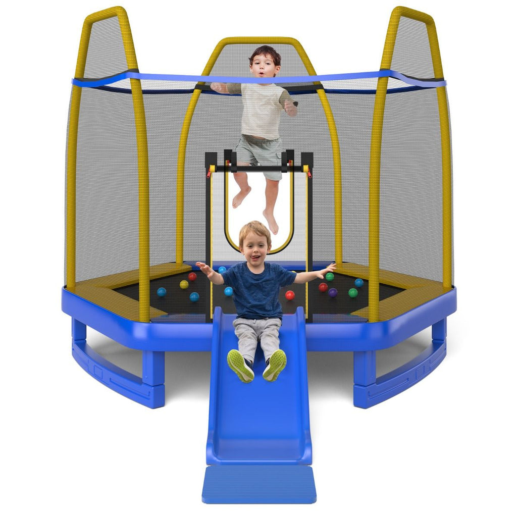 Trampoline Extérieur ? 223cm avec Toboggan&Echelle avec Filet de Sécurité 2 Portes en U Charge 270kg pour 2-3 Enfants de 3 Ans+ Bleu/Vert
