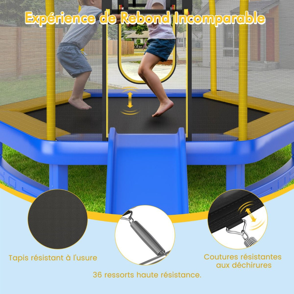 Trampoline Extérieur ? 223cm avec Toboggan&Echelle avec Filet de Sécurité 2 Portes en U Charge 270kg pour 2-3 Enfants de 3 Ans+ Bleu/Vert