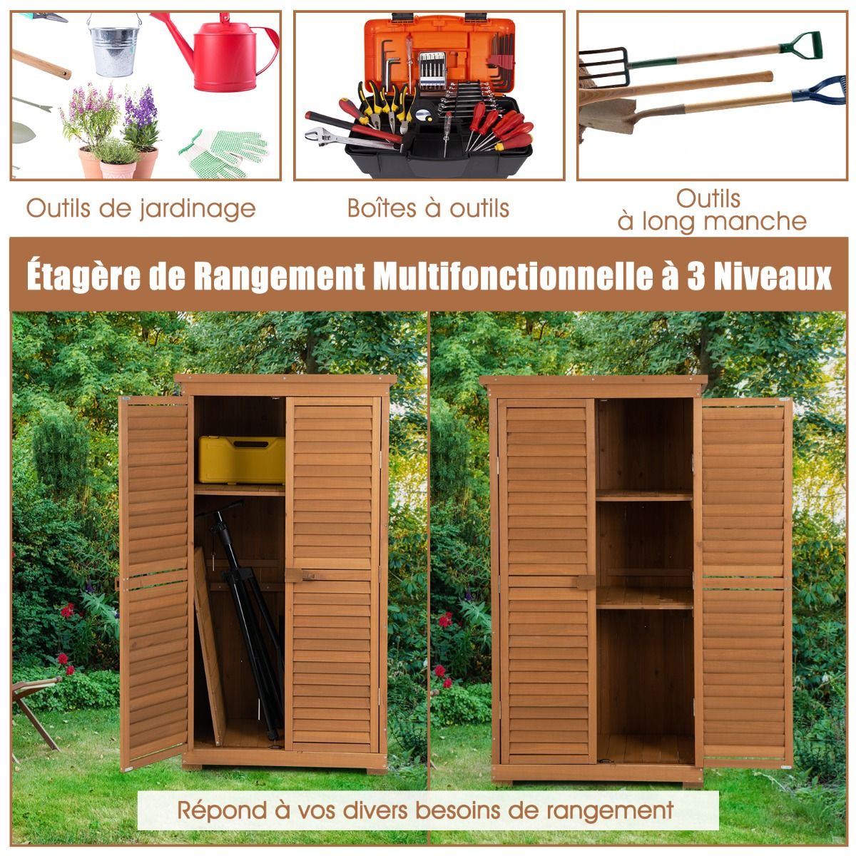 Abri de Jardin En Bois 160 Cm Toit en Asphalte 2 Portes Verrouillables avec Loquet Armoire Cabane en Sapin Pré-Huilé Imperméable 3 étagères Amovibles Naturel