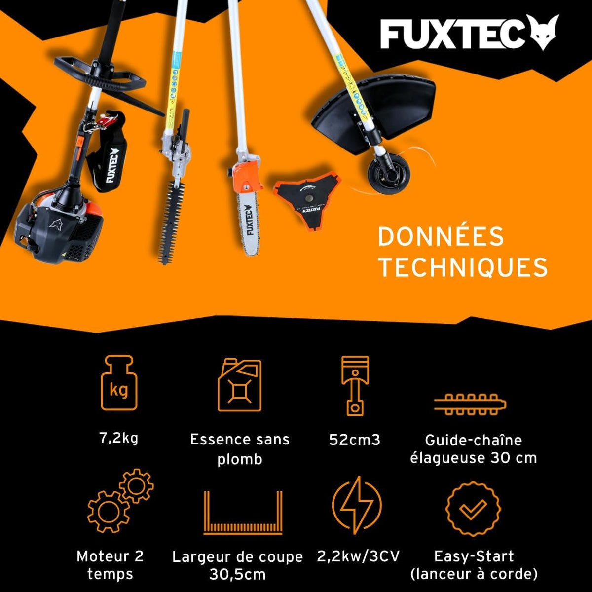 Fuxtec Débroussailleuse Thermique Multifonction 5 en 1 Multitool FX-MT152E - Easy Starter 3CV 52 cm3, Moteur 2 Temps, élagueuse Taille Haie Coupe Bordure Avec Fil ou Lame 1 Mètre Rallonge