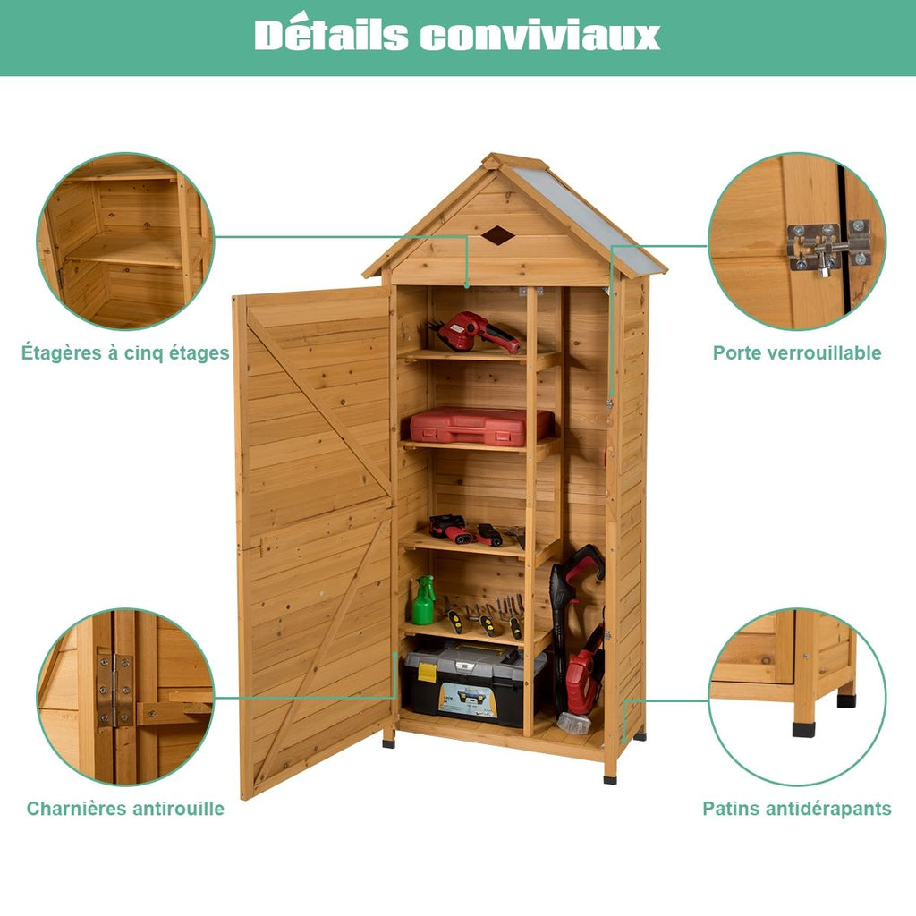 Abri de Jardin Extérieur à 5 Etagères Cabane Verrouillable en Bois de Sapin Toit en T?le Galvanisée