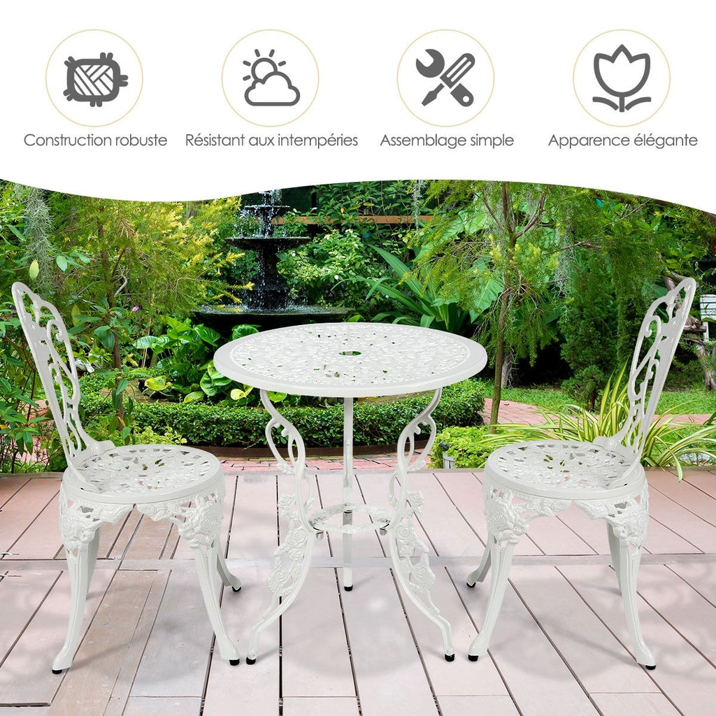 Ensemble Table et 2 Chaises pour Jardin en Aluminium en Forme de Rose Blanc Résistant aux Intempéries