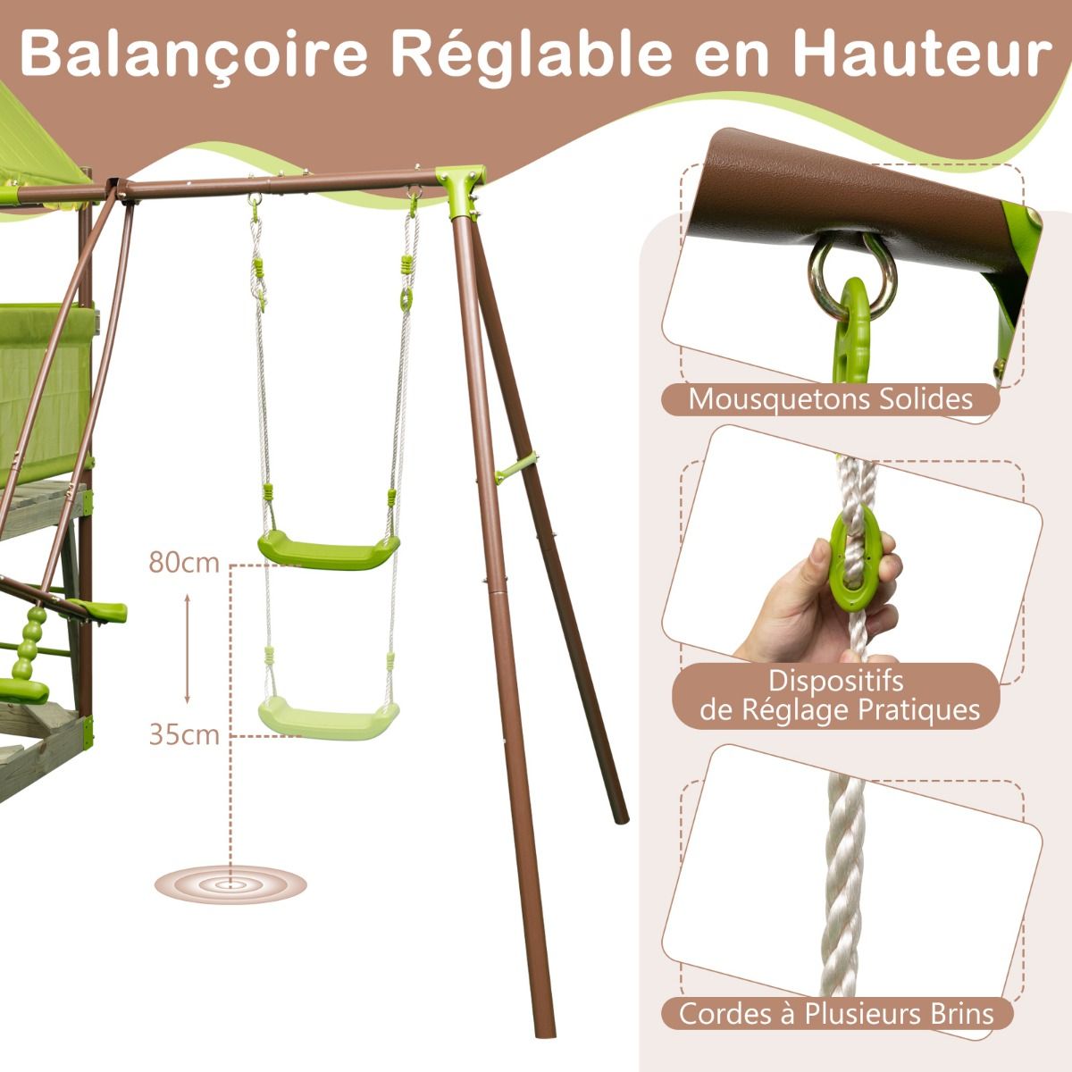Balan?oire 7-en-1 Aire de Jeu en Métal avec Fort Couvert Réglable en Hauteur Corde d'Escalade Bac à Sable Glisseur Toboggan Ondulé Vert