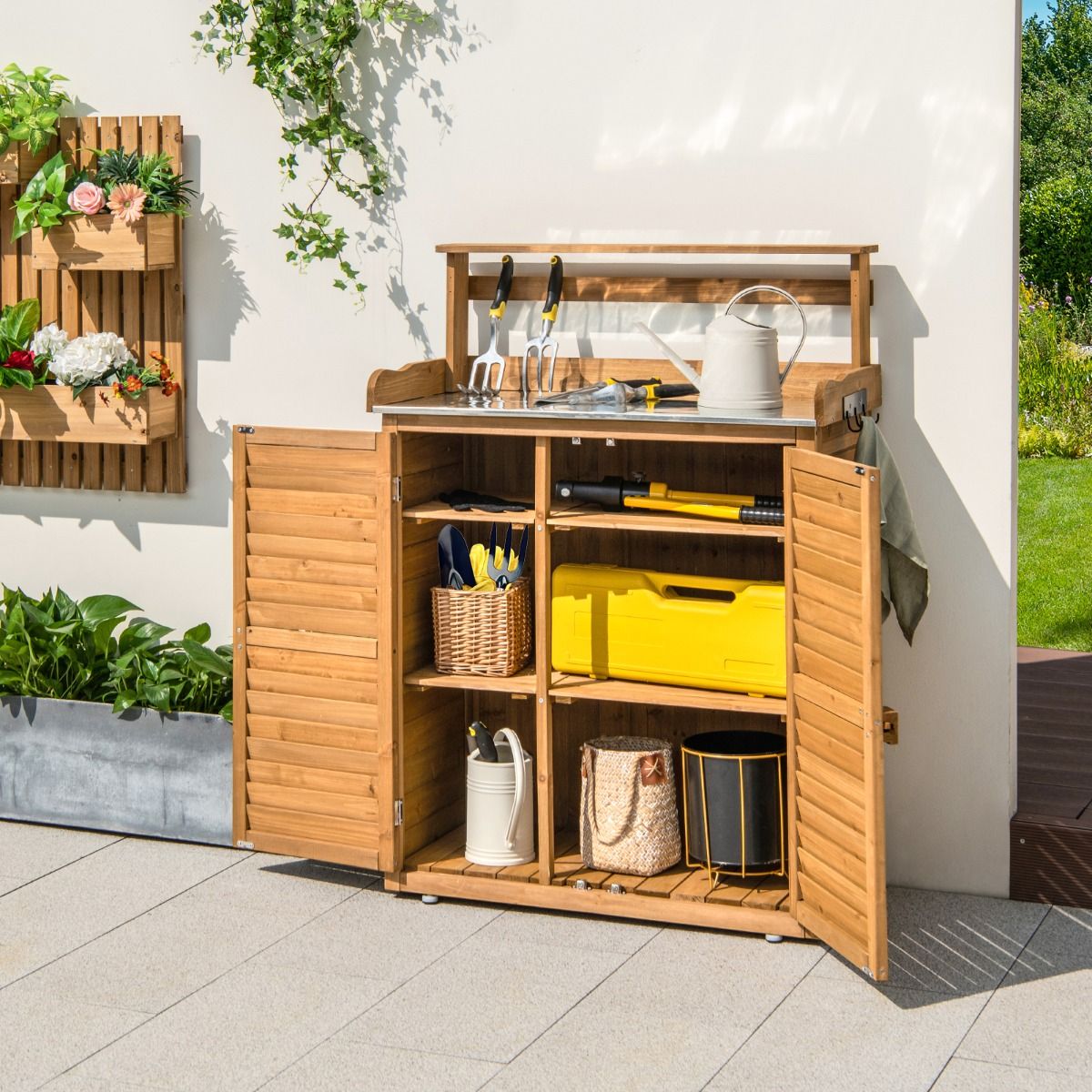 Banc d'Empotage d'Extérieur Table de Jardinage avec Comptoir en Métal Galvanisé 3 Crochets de Suspension Etagères Amovibles Naturel