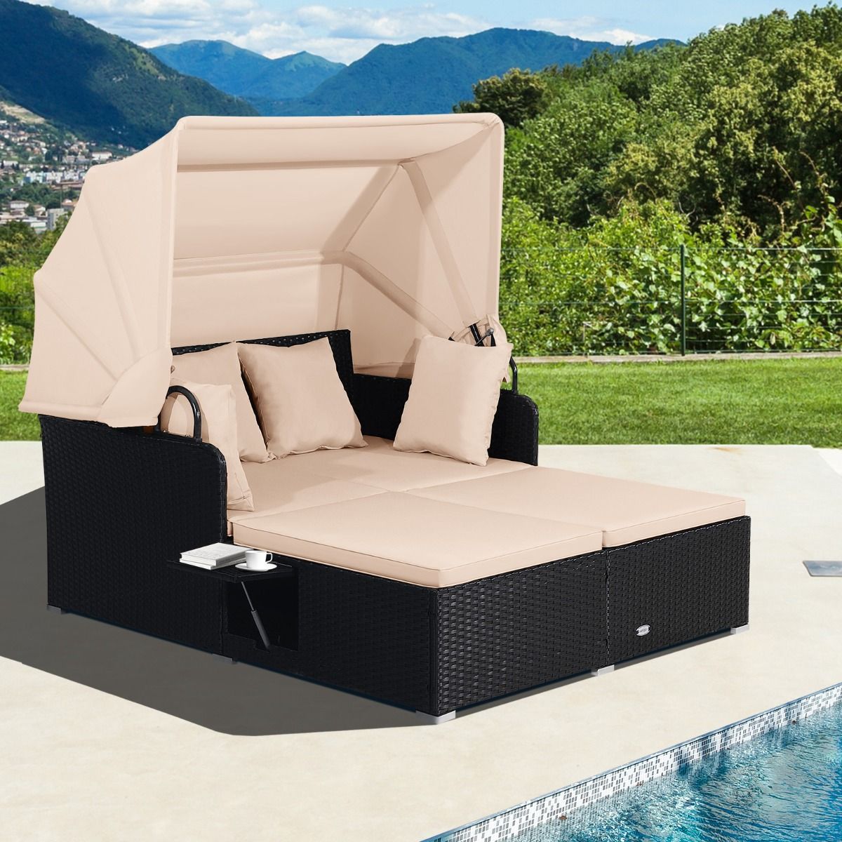 Chaise Longue à 2 Places en Rotin avec Auvent Rétractable Bain de Soleil avec Panneaux Latéraux Pliables Charge 360KG Beige/Gris