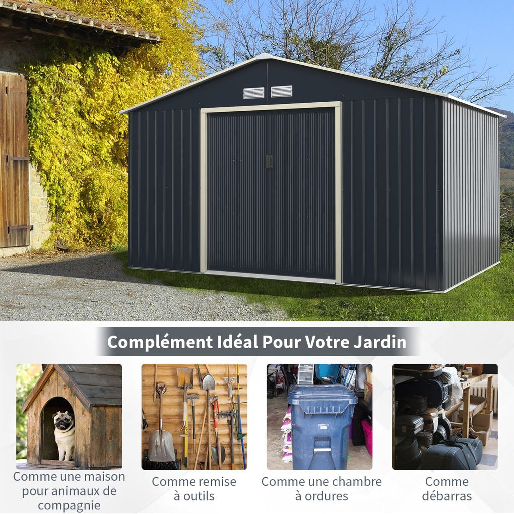 Abri de Jardin en Métal & Extension 10.85©O avec 2 Portes Coulissantes Verrouillables 4 Trous d’Aération Gris pour Vélo