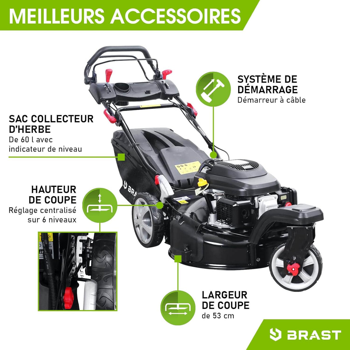 BRAST tondeuse thermique 3 roues TRIKE E-START 224cc 53cm tractée démarrage électrique mulching 4en1 capot en t?le en acier 60l - moteur 4 temps de la marque fran?aise GT reglable