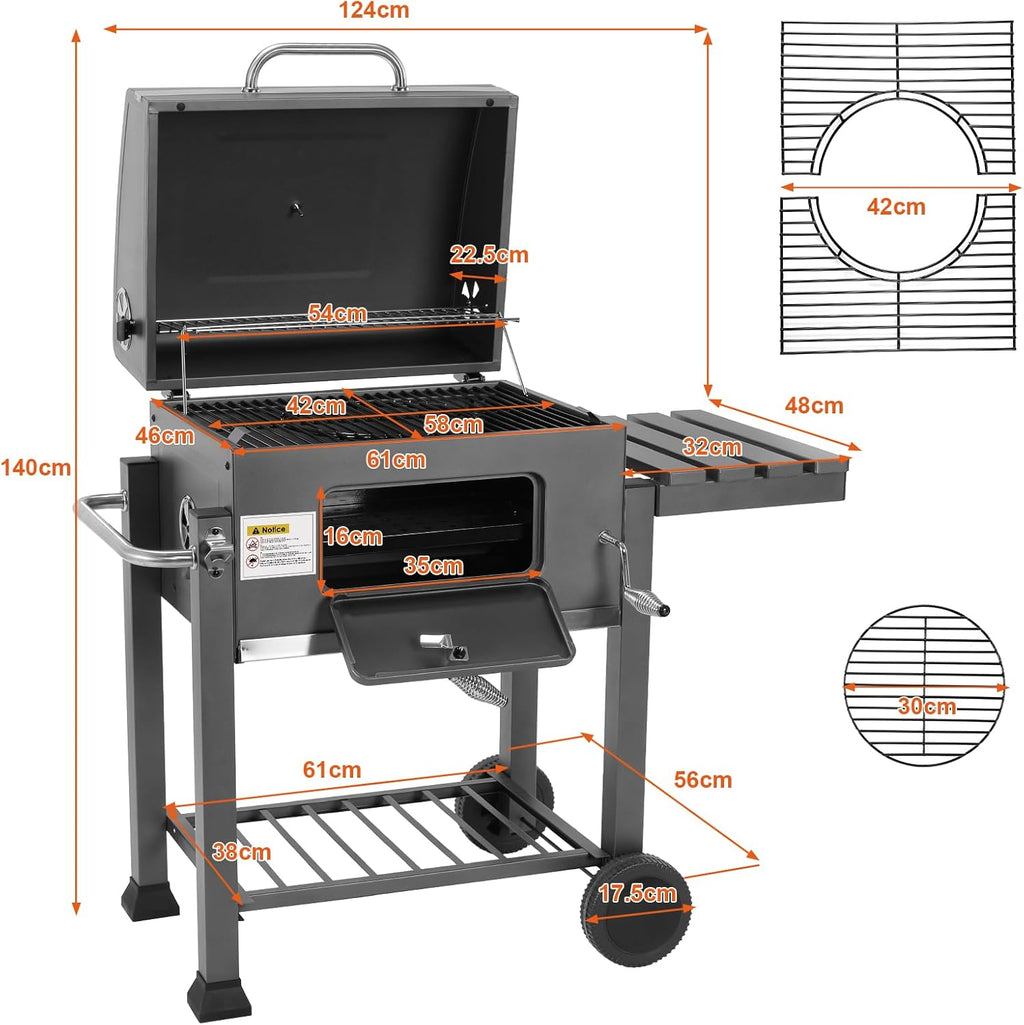 Barbecue Charbon de Bois XL, Chariot à Barbecue, Grill XL à Charbon avec Couvercle, Roues et Thermomètre, Réglable en Hauteur, Grand Barbecue au Charbon de Bois, pour Camping et Jardin, Noir