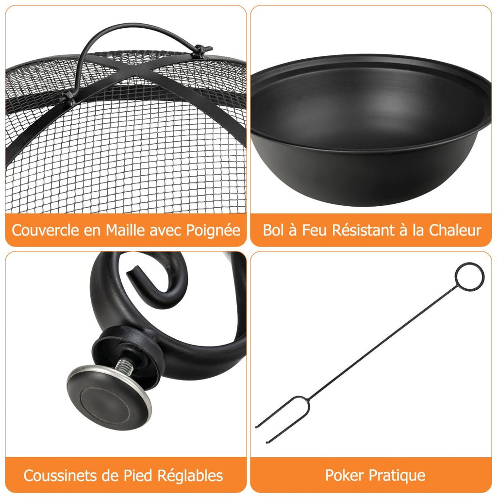 Brasero Extérieur pour Jardin 80 x 80 x 70 cm Foyer rond 4 en 1 avec Brasero Grille de Cuisson Grille en Bois