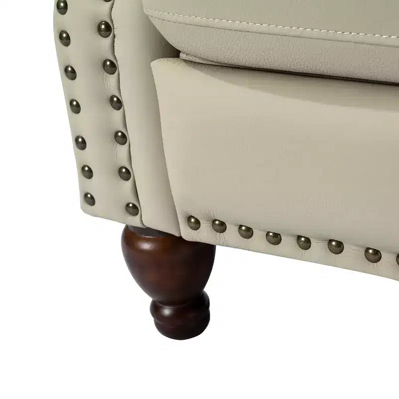 Lot de 2 fauteuils inclinables de transition en bois, revêtement en cuir véritable et garniture cloutée, pour salon et chambre