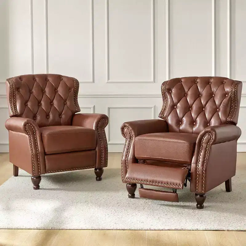 Lot de 2 fauteuils inclinables de transition en bois, revêtement en cuir véritable et garniture cloutée, pour salon et chambre
