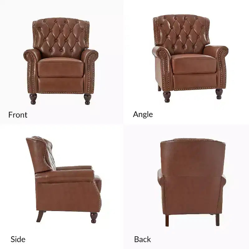 Lot de 2 fauteuils inclinables de transition en bois, revêtement en cuir véritable et garniture cloutée, pour salon et chambre