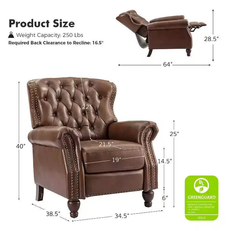 Lot de 2 fauteuils inclinables de transition en bois, revêtement en cuir véritable et garniture cloutée, pour salon et chambre