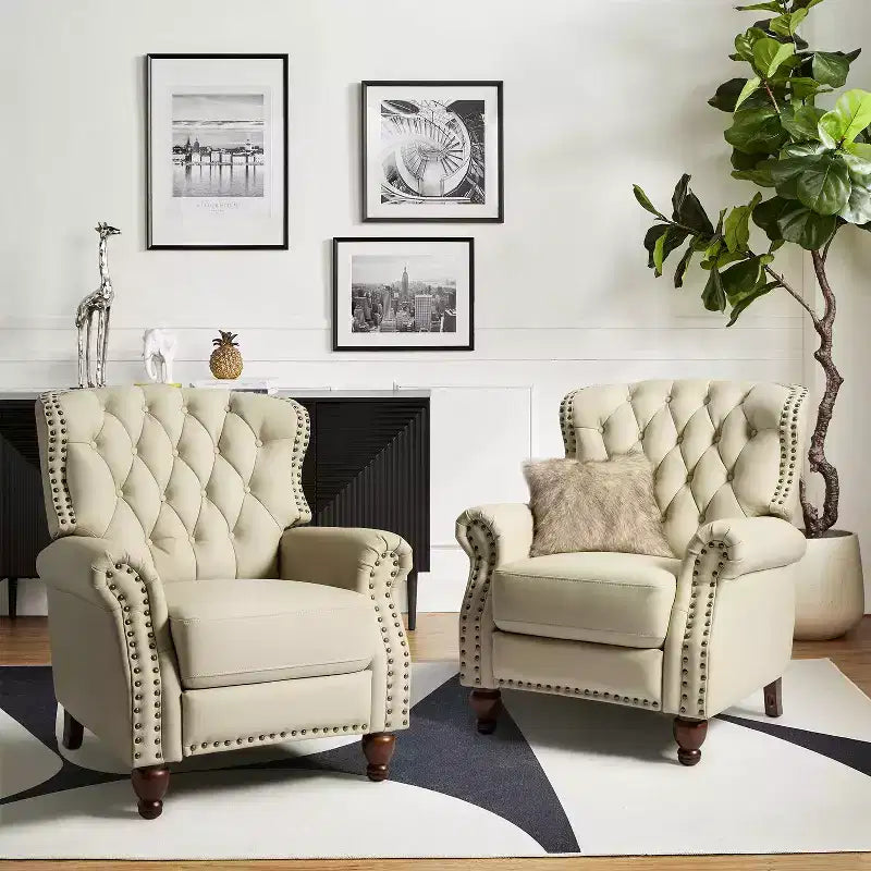 Lot de 2 fauteuils inclinables de transition en bois, revêtement en cuir véritable et garniture cloutée, pour salon et chambre