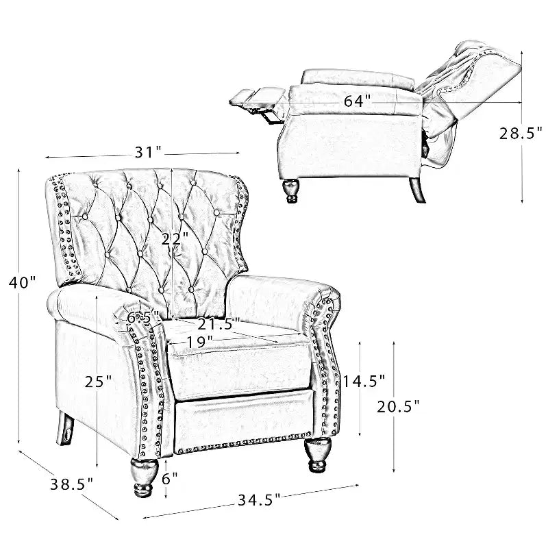 Lot de 2 fauteuils inclinables de transition en bois, revêtement en cuir véritable et garniture cloutée, pour salon et chambre