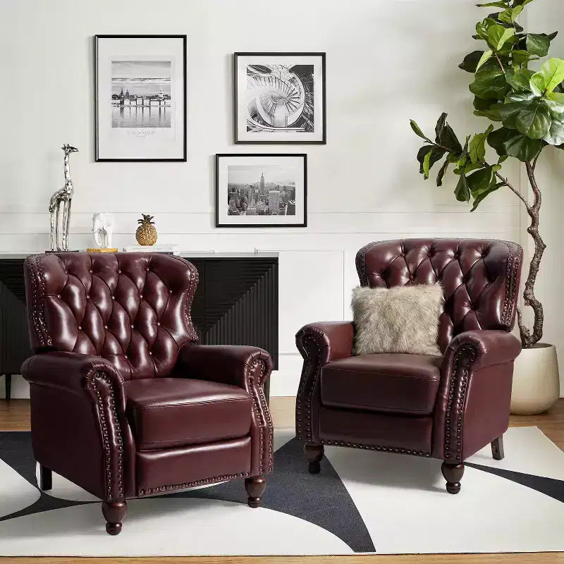 Lot de 2 fauteuils inclinables de transition en bois, revêtement en cuir véritable et garniture cloutée, pour salon et chambre