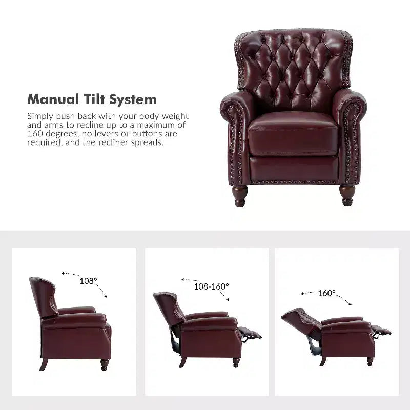 Lot de 2 fauteuils inclinables de transition en bois, revêtement en cuir véritable et garniture cloutée, pour salon et chambre