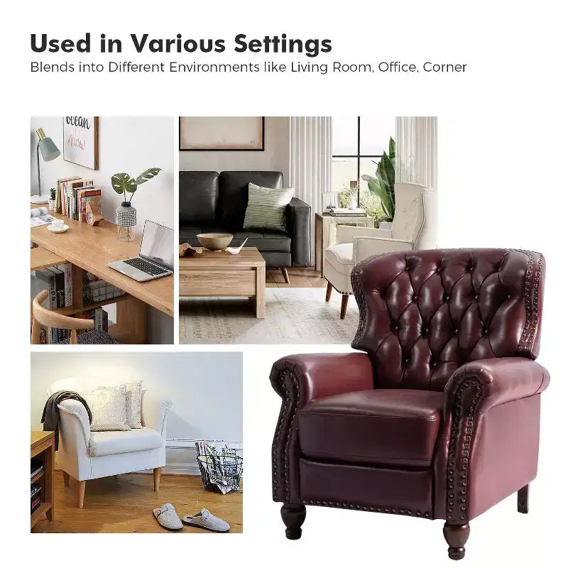 Lot de 2 fauteuils inclinables de transition en bois, revêtement en cuir véritable et garniture cloutée, pour salon et chambre