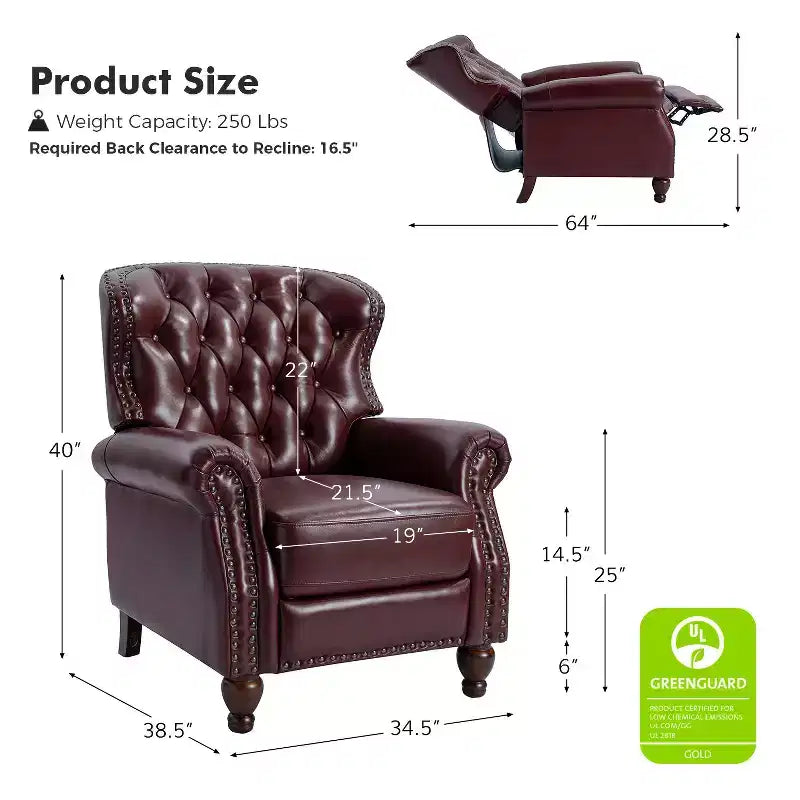 Lot de 2 fauteuils inclinables de transition en bois, revêtement en cuir véritable et garniture cloutée, pour salon et chambre