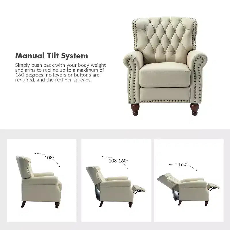 Lot de 2 fauteuils inclinables de transition en bois, revêtement en cuir véritable et garniture cloutée, pour salon et chambre