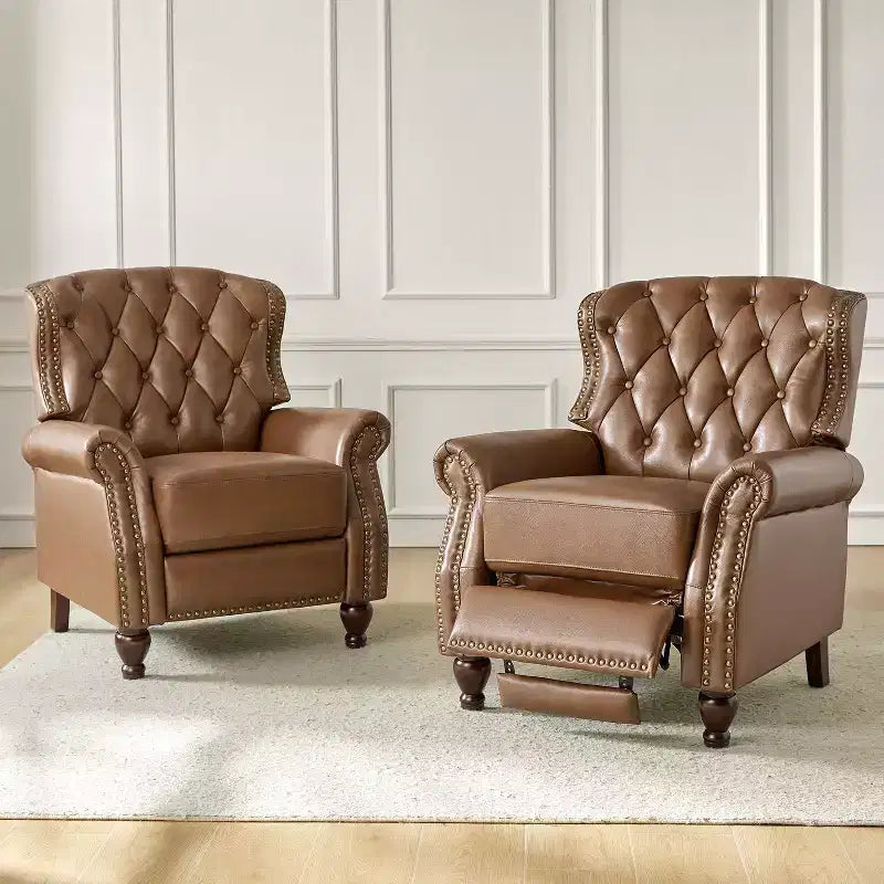 Lot de 2 fauteuils inclinables de transition en bois, revêtement en cuir véritable et garniture cloutée, pour salon et chambre