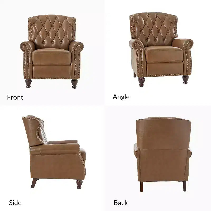 Lot de 2 fauteuils inclinables de transition en bois, revêtement en cuir véritable et garniture cloutée, pour salon et chambre