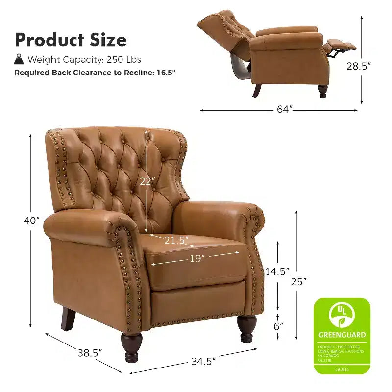 Lot de 2 fauteuils inclinables de transition en bois, revêtement en cuir véritable et garniture cloutée, pour salon et chambre