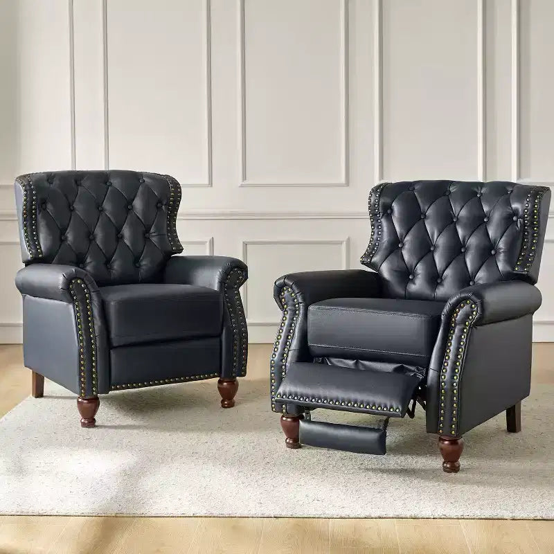 Lot de 2 fauteuils inclinables de transition en bois, revêtement en cuir véritable et garniture cloutée, pour salon et chambre