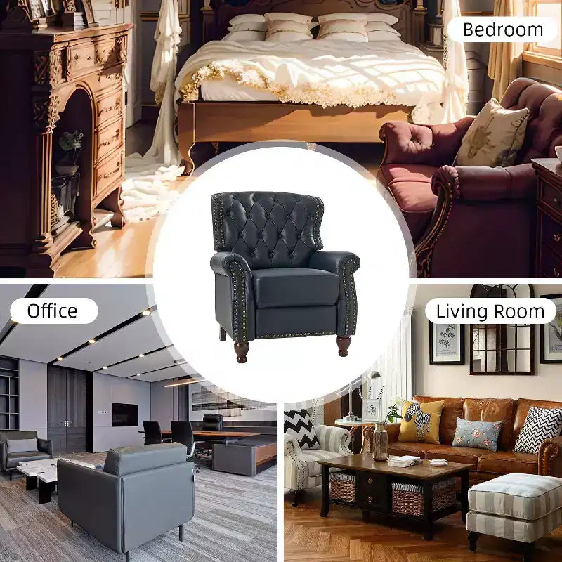 Lot de 2 fauteuils inclinables de transition en bois, revêtement en cuir véritable et garniture cloutée, pour salon et chambre