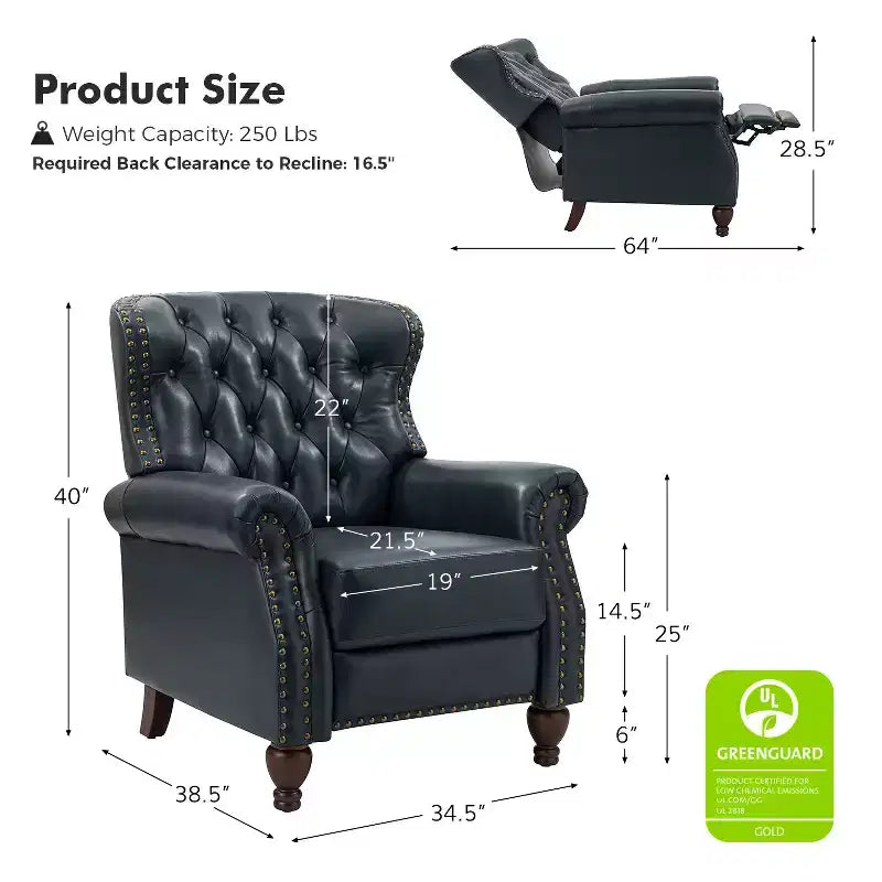 Lot de 2 fauteuils inclinables de transition en bois, revêtement en cuir véritable et garniture cloutée, pour salon et chambre