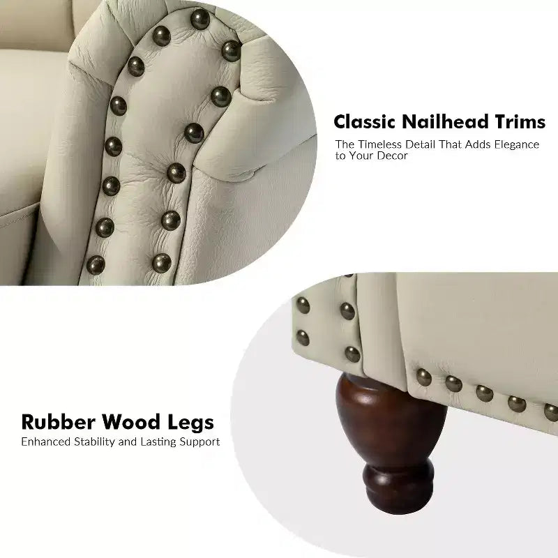 Lot de 2 fauteuils inclinables de transition en bois, revêtement en cuir véritable et garniture cloutée, pour salon et chambre