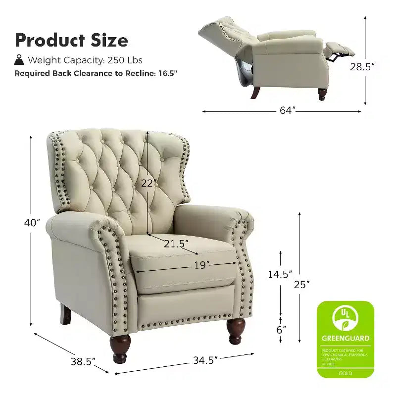 Lot de 2 fauteuils inclinables de transition en bois, revêtement en cuir véritable et garniture cloutée, pour salon et chambre