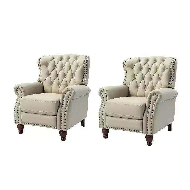 Lot de 2 fauteuils inclinables de transition en bois, revêtement en cuir véritable et garniture cloutée, pour salon et chambre