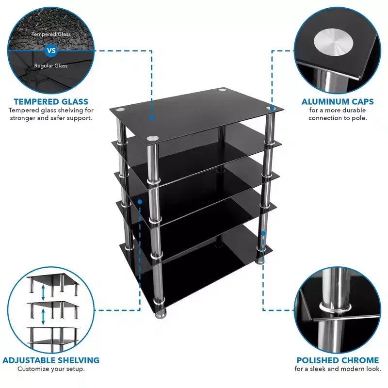 Medienständer aus gehärtetem Glas für AV-Komponenten, Audioturm und Mediencenter mit 5 Ablagen, Gesamttragkraft 220 lbs, schwarze Ablagen, verchromte Beine