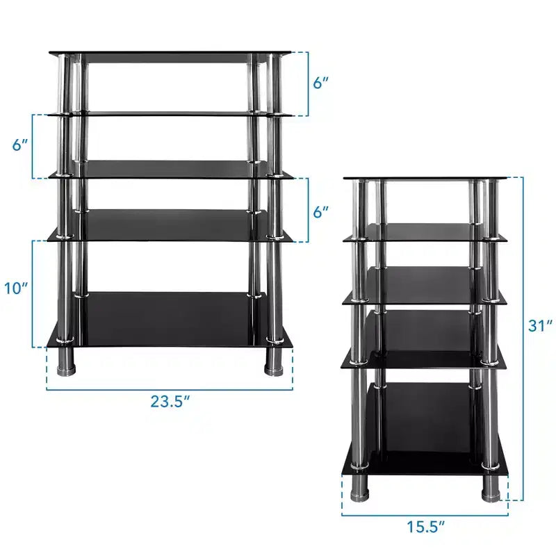 Soporte para componentes audiovisuales de vidrio templado, torre de audio y centro multimedia con 5 estantes, capacidad total de 220 lb, estantes negros y patas cromadas
