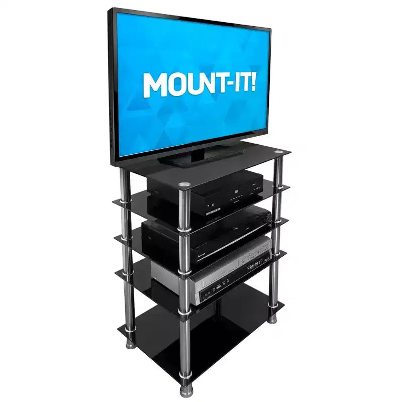 Soporte para componentes audiovisuales de vidrio templado, torre de audio y centro multimedia con 5 estantes, capacidad total de 220 lb, estantes negros y patas cromadas