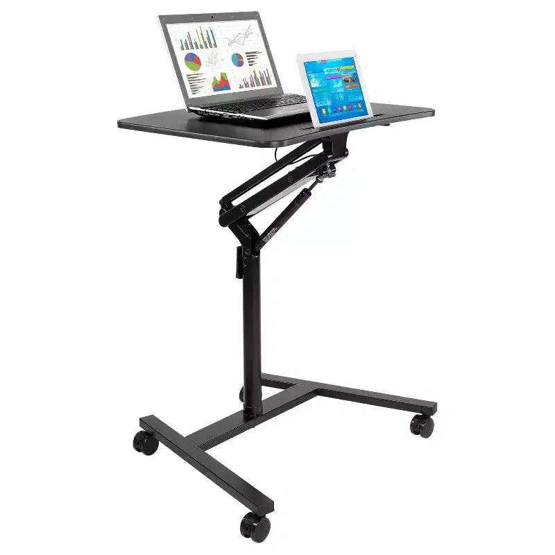 Escritorio móvil de pie para laptop | Estación de trabajo con ruedas y altura ajustable para trabajar sentado o de pie | 27 pulgadas de ancho con mecanismo de elevación por resorte de gas | Negro