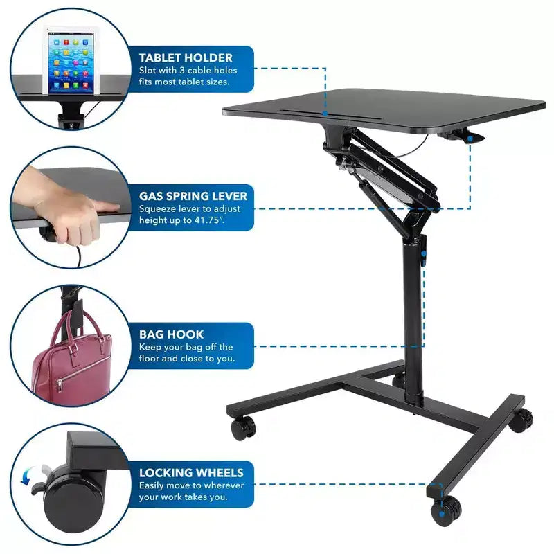 Escritorio móvil de pie para laptop | Estación de trabajo con ruedas y altura ajustable para trabajar sentado o de pie | 27 pulgadas de ancho con mecanismo de elevación por resorte de gas | Negro