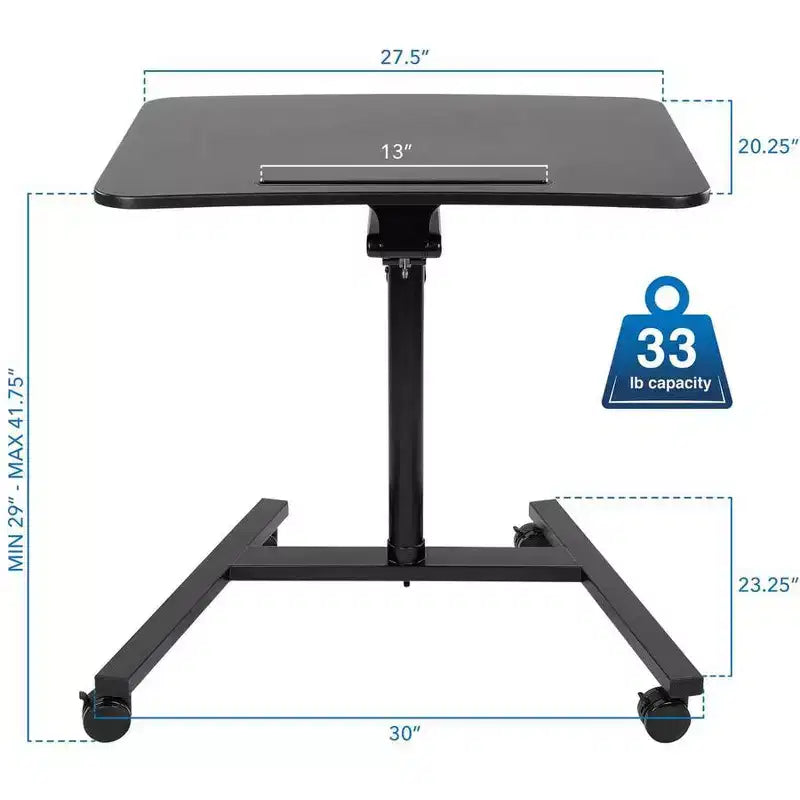 Escritorio móvil de pie para laptop | Estación de trabajo con ruedas y altura ajustable para trabajar sentado o de pie | 27 pulgadas de ancho con mecanismo de elevación por resorte de gas | Negro