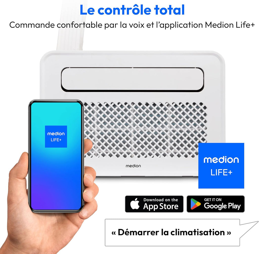 MEDION Smart Climatiseur Split P502 (5000 BTU, 3-en-1, Refroidir, Déshumidification, Ventilation, pour caravane, camping-car, kit de joint de fenêtre, mode sommeil, contr?le Wifi, écran, MD 37735)