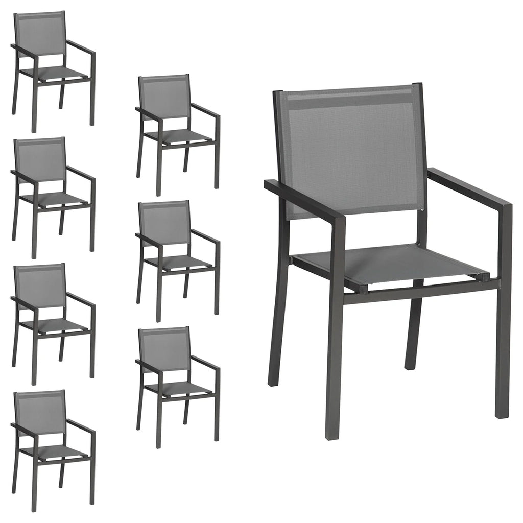 Lot de 8 chaises en aluminium anthracite - textilène gris Happy Garden