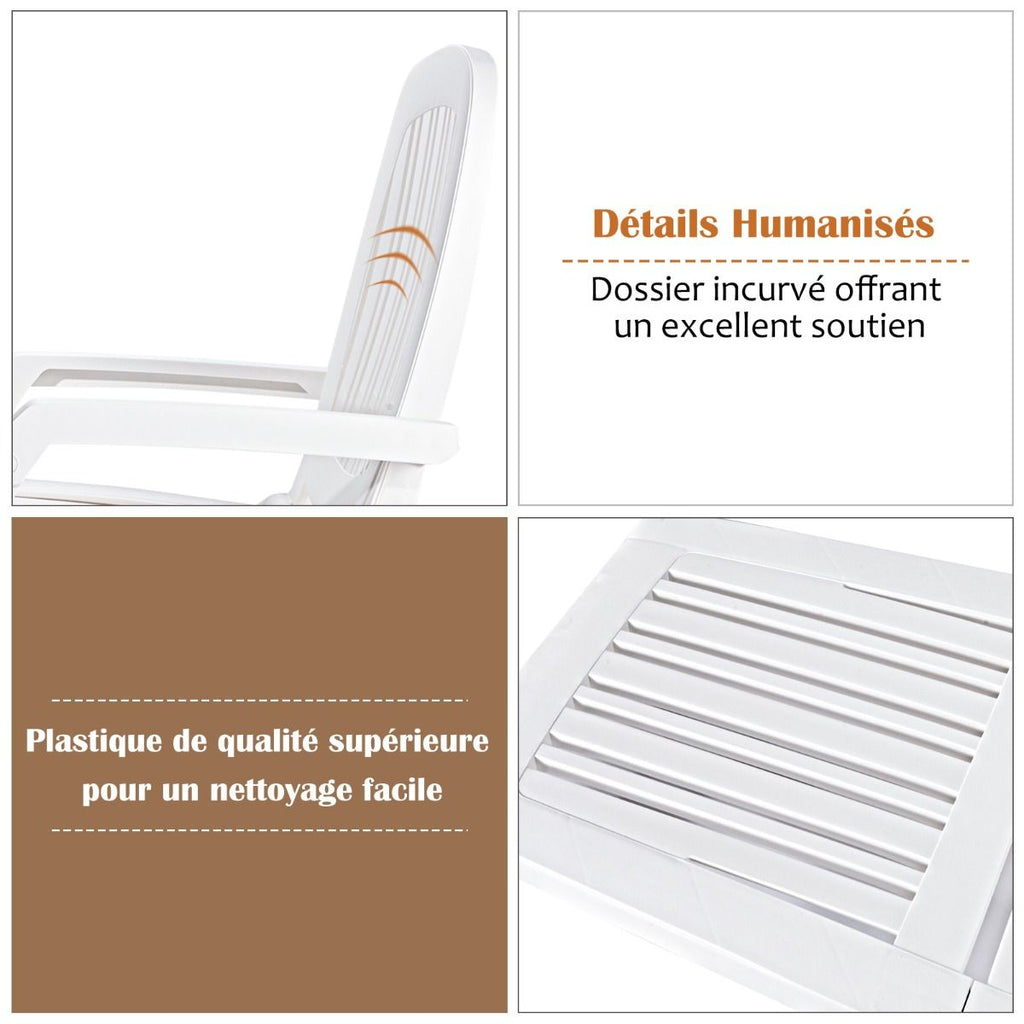 Chaise Longue Inclinable Réglable à 5 Positions avec Roues Flexibles Fauteuil Relax de Camping avec Bo?te de Rangement Charge 150KG Blanc