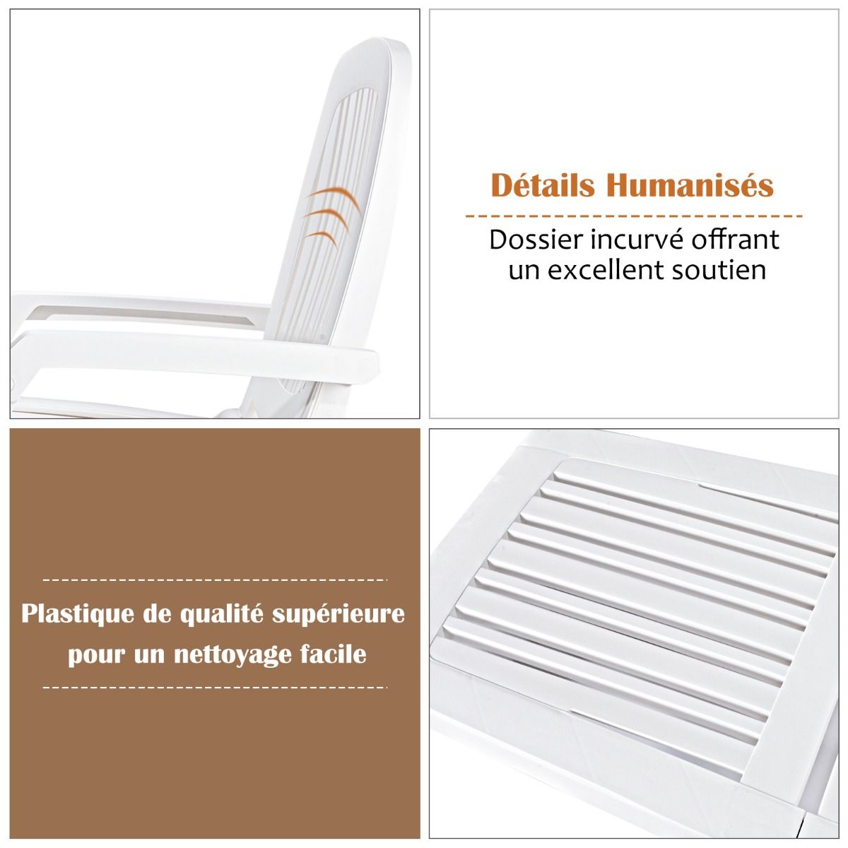 Chaise Longue Inclinable Réglable à 5 Positions avec Roues Flexibles Fauteuil Relax de Camping avec Bo?te de Rangement Charge 150KG Blanc