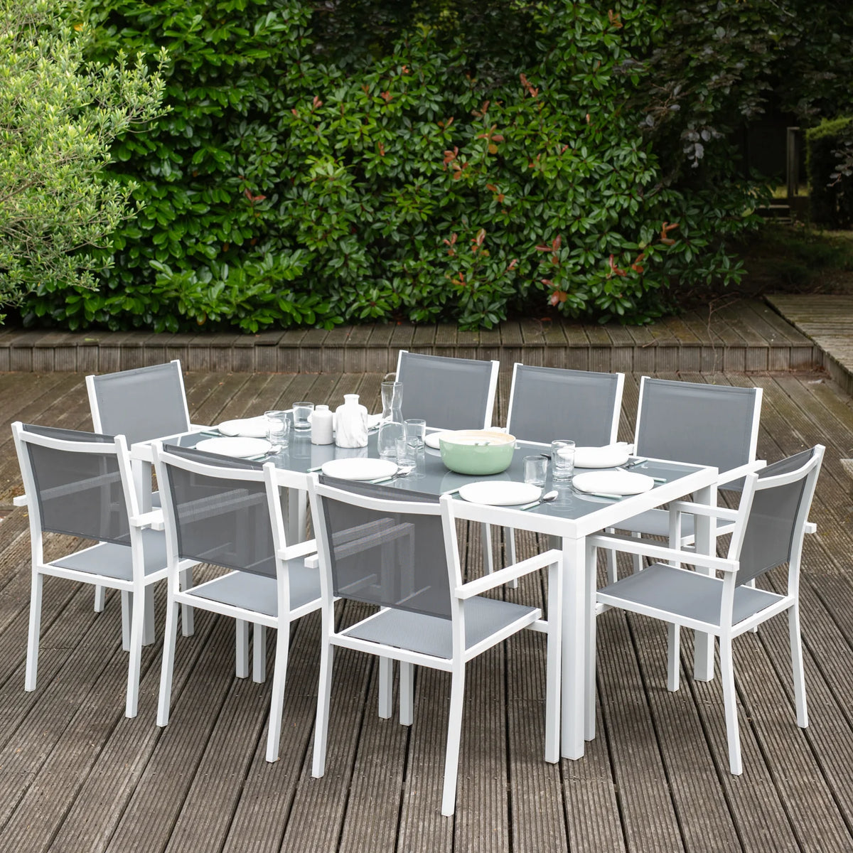 Salon de jardin BARI en textilène gris 8 places - aluminium blanc Happy Garden