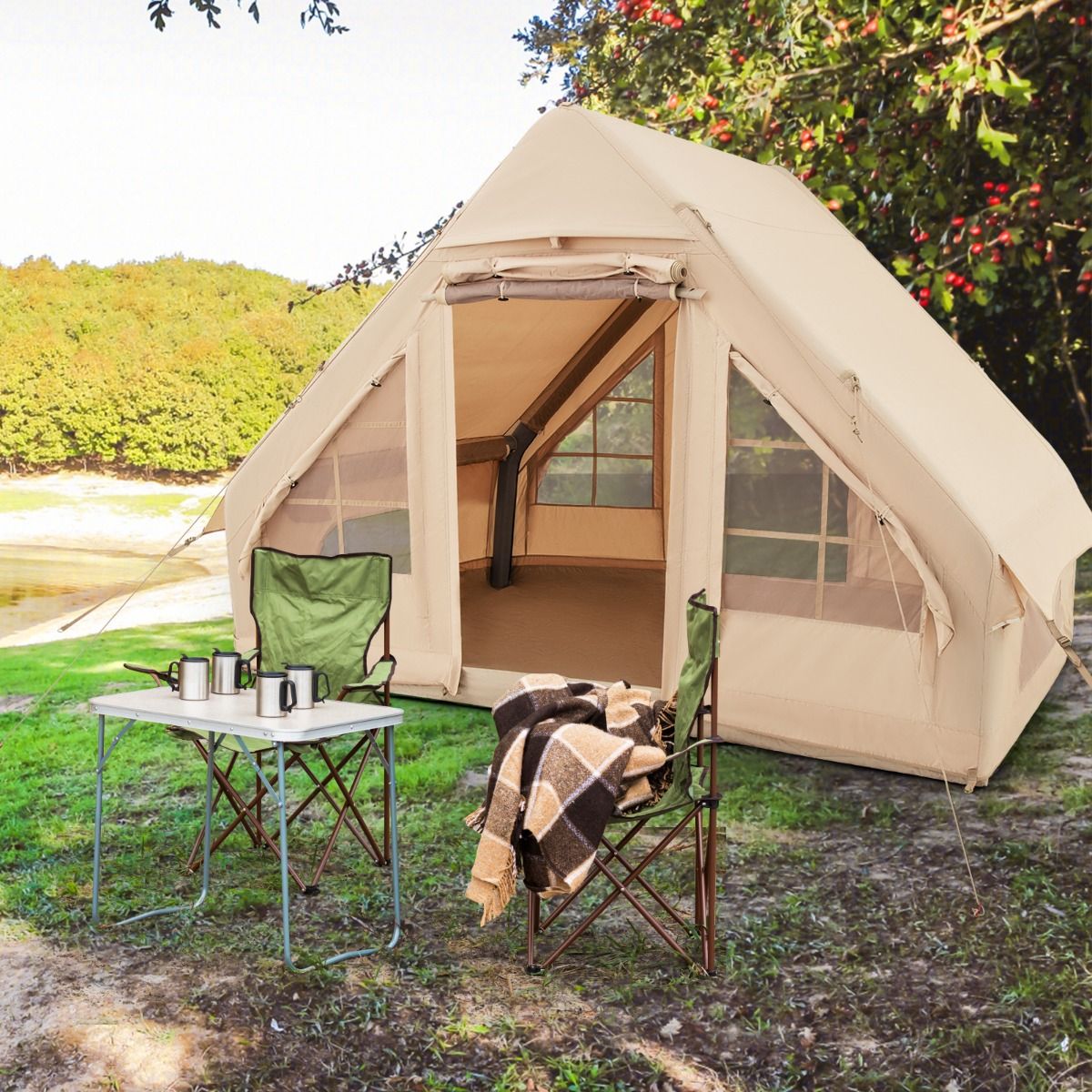 Tente de Camping Gonflable 6 m2 pour 4-6 Personnes Tente en Coton Coupe-vent et Imperméable avec Pompe 7 Fenêtres à Moustiquaire Beige