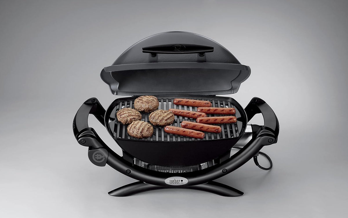 Weber Q1400 Barbecue électrique, surface de cuisson 43 x 32 cm, nomade, grille en fonte émaillée divisée en 2 parties, couvercle et cuve en fonte d'aluminium - Gris foncé (52020053)