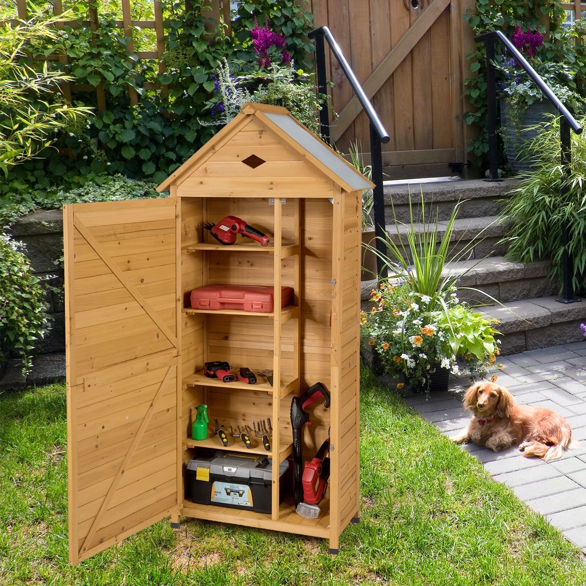Abri de Jardin Extérieur à 5 Etagères Cabane Verrouillable en Bois de Sapin Toit en T?le Galvanisée