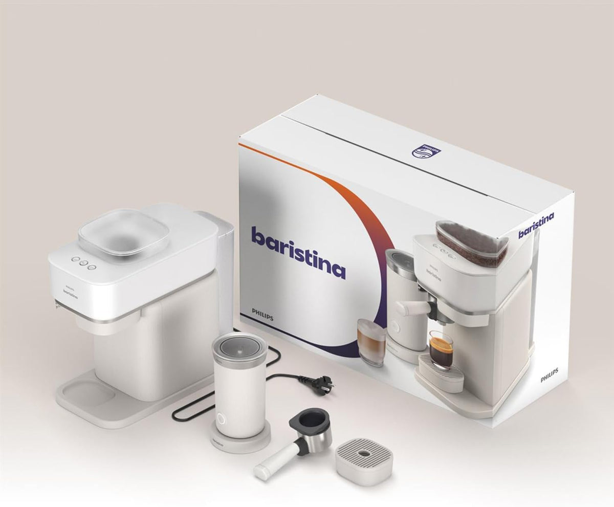 Philips Baristina Machine à expresso - Un véritable expresso, en toute simplicité - Compacte - 16 bars de pression - Broyeur intégré - Machine blanche avec porte-filtre blanc (BAR300/00)