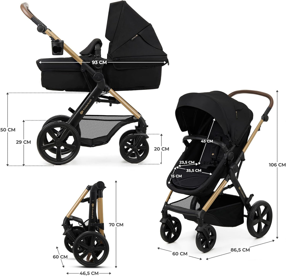 Kinderkraft MOOV2 Poussette 3 en 1, Système de voyage de la naissance à 27 kg, Siège auto Mink PRO I-Size inclus, Capote extensible avec filtre UPF50+, Accessoires pratiques, Gris